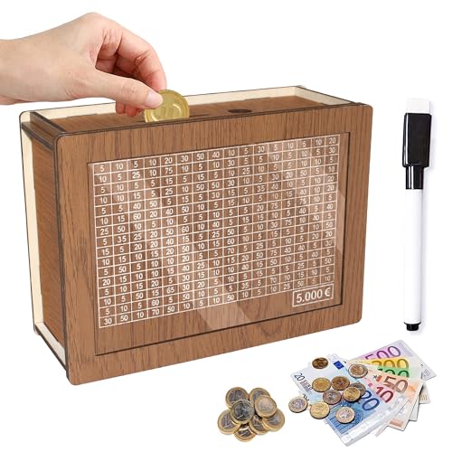 Spardose mit Zähler Ankreuzen, Wiederverwendbare Retro Sparbox Holz mit Sparziel, Sparschwein Kinder mit Stift für Hilft Kindern Die Gewohnheit Zum Sparen(5000€, Braun) von KLGFI