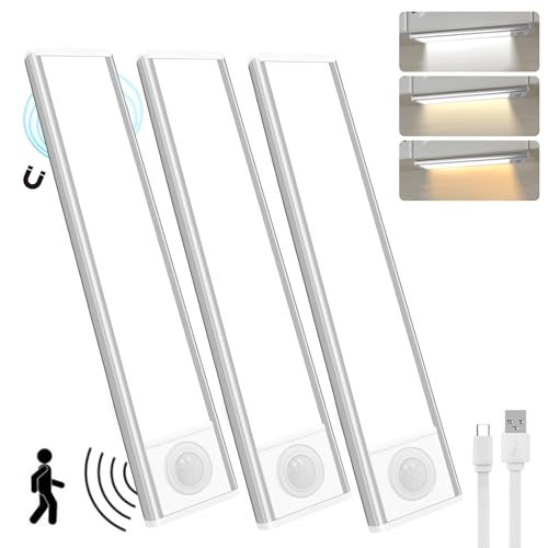 Unterbauleuchte Küche, Schrankbeleuchtung Mit Bewegungsmelder 3 Farbmodi Dimmbar, USB Wiederaufladbar Schranklicht Für Kleiderschrank, Badezimmer, Treppe, Einfassung-20cm,3Stück von KLGFI