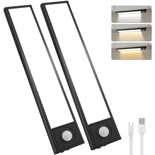 Unterbauleuchte Küche, Schrankbeleuchtung Mit Bewegungsmelder 3 Farbmodi Dimmbar, USB Wiederaufladbar Schranklicht Für Kleiderschrank, Badezimmer, Treppe, Einfassung (20cm,2 Stück) von KLGFI