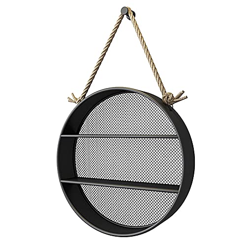 2-Lagige Schwimmende Metallgitter Regale,Rundes Wanddekoration Regal mit Retro-Hanfseil,Stabile Struktur und Starke TragfäHigkeit/Schwarz / 48x10cm 2-Lagige Schwimmende Metallgitter Regale,Rundes Wanddekoration Regal mit Retro-Hanfseil,Stabile Struktur und Starke TragfäHigkeit/Schwarz / 48x10cm von KLHGBH