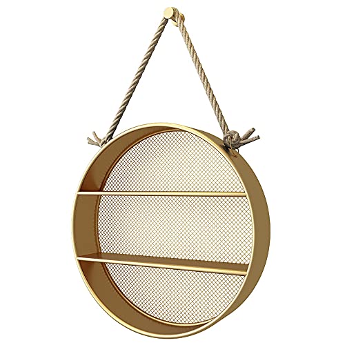 2-Lagige Schwimmende Metallgitter Regale,Rundes Wanddekoration Regal mit Retro-Hanfseil,Stabile Struktur und Starke TragfäHigkeit/golden / 48x10cm 2-Lagige Schwimmende Metallgitter Regale,Rundes Wanddekoration Regal mit Retro-Hanfseil,Stabile Struktur und Starke TragfäHigkeit/golden / 48x10cm von KLHGBH
