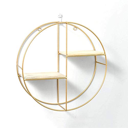 KLHGBH Schwimmende Regale, 2 Schichten Holz Und Metall Runde Wand Hängender Regal Einzigartige Dekoration Für Küche Schlafzimmer Wohnzimmer Badezimmer,Gold,37 cm von KLHGBH