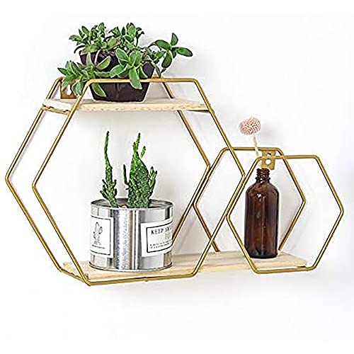 Sechseckiger Metallrahmen,Die GegenstäNde KöNnen auf Einem 2-Lagigen Schmiedeeisernen Wandregal Platziert Werden,um Kleine Ornamente und Topfpflanzen/golden / 42x24cm Sechseckiger Metallrahmen,Die GegenstäNde KöNnen auf Einem 2-Lagigen Schmiedeeisernen Wandregal Platziert Werden,um Kleine Ornamente und Topfpflanzen/golden / 42x24cm von KLHGBH