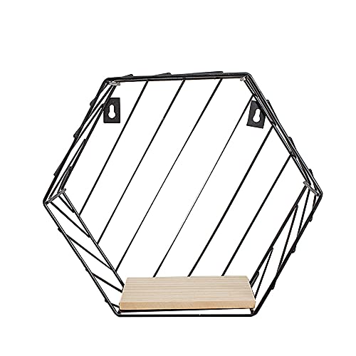 Sechseckiger Wandrahmen aus Metall,Schmiedeeisernes Wandregal mit Holz Ablagebrett,FüR Arbeitszimmer Schlafzimmer Wohnzimmer/Schwarz / 23.5x20.5x10cm Sechseckiger Wandrahmen aus Metall,Schmiedeeisernes Wandregal mit Holz Ablagebrett,FüR Arbeitszimmer Schlafzimmer Wohnzimmer/Schwarz / 23.5x20.5x10cm von KLHGBH