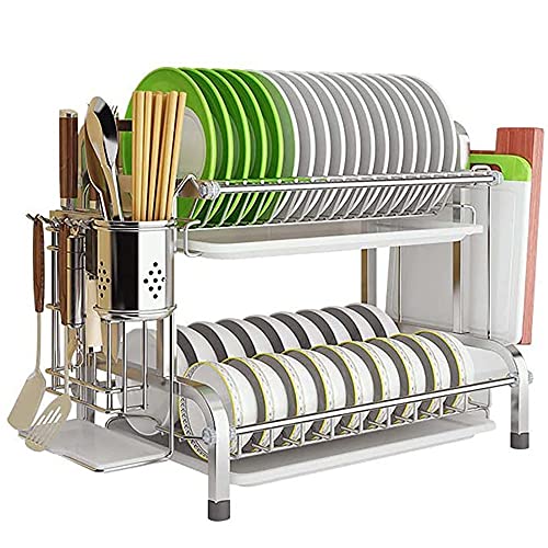 wdjj Abtropfgestell, mit Auffangschale Edelstahl-Abtropfgestell Utensilienhalter, Multifunktions-KüChenzubehöR-Aufbewahrungsregal/Silber / 2 Ebene von KLHGBH