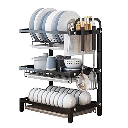 wdjj Edelstahl-Abtropfgestell, Mehrschichtiges Aufbewahrungsregal FüR KüChenbedarf, mit Abflussregal FüR AuffangbehäLter FüR Utensilienhalter/Schwarz / 3 Ebene von KLHGBH