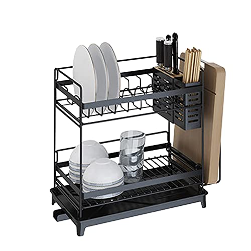 wdjj Edelstahl-Abtropfgestell, Zweistufiges Aufbewahrungsregal FüR KüChenbedarf, mit Abflussbrettgestell FüR AuffangbehäLter-Utensilienhalter/Schwarz / 36x24.5x37cm von KLHGBH