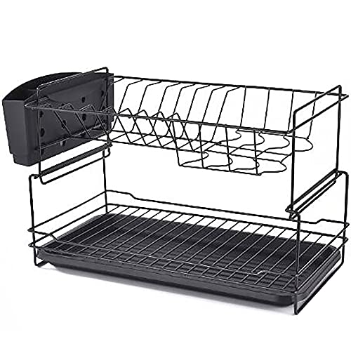 wdjj Zweistufiger Geschirrkorb mit Auffangschale aus Metallschalen-Abflussregal Utensilienhalter, Multifunktions-Aufbewahrungsregal FüR KüChenbedarf/Schwarz / 46x28x29cm von KLHGBH