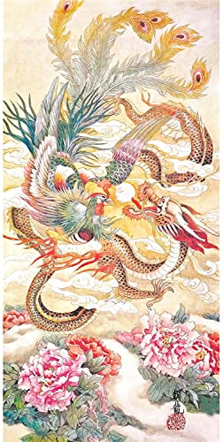 KLHWR Wunderschönes Bild, 50 x 100 cm, rahmenloser Drache und Phönix, chinesischer Stil, traditionelles Leinwandbild, Wandmalerei, Retro-Posterdruck von KLHWR