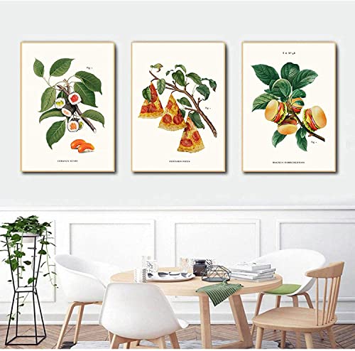 Wandbild, 3 Stück, 50 x 70 cm, Rahmenlos, lustige Pflanze, Macaron, Pizza, Sushi, Küche, Burger, Poster und Druck, Wandkunstbild für Wohnkultur von KLHWR