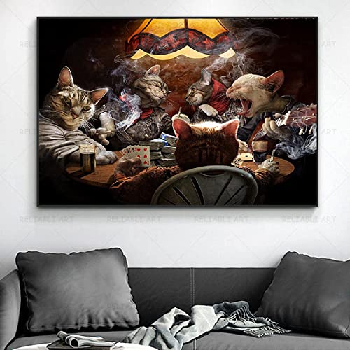 Wandbild, 70 x 90 cm, Rahmenlos, lustige Katze, die Poker spielt, Leinwand-Malerei, Posterdruck, Tierwandkunst, Wohnzimmer, Schlafzimmer, Heimdekoration von KLHWR