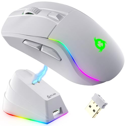 KLIM Blaze Y Wiederaufladbare kabellose Maus - NEU - Gaming Maus mit RGB und Ladestation - Hochpräziser Sensor und langlebiger Akku - Bis zu 6000 DPI - Kabel- und Wireless Mouse für PC - Weiß von KLIM