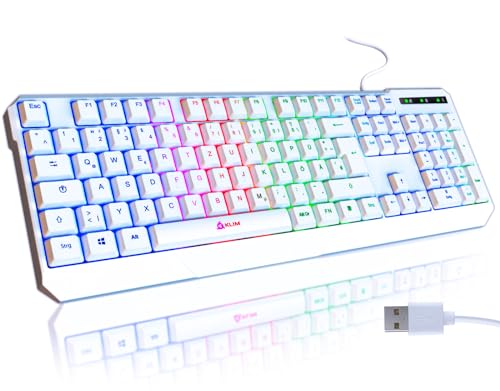 KLIM Chroma Gaming Tastatur QWERTZ DEUTSCH mit Kabel USB + Langlebig, Ergonomisch, Wasserdicht, Leise Tasten + RGB Gamer Tastatur für PC Mac Xbox One X PS4 Tastatur + Neue 2024 Version + Weiß von KLIM