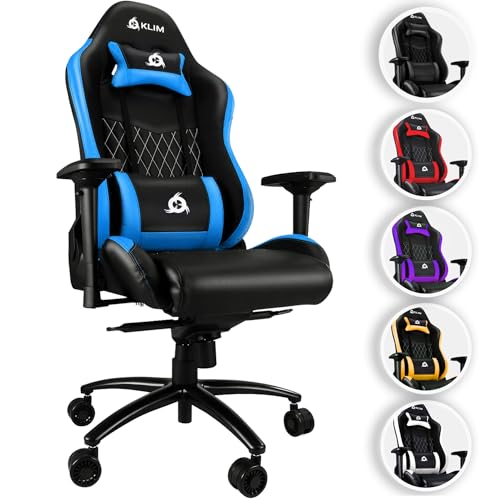 KLIM Esports Gaming Stuhl + Mit Lenden- und Nackenstütze + Verstellbar Gaming Sessel + Ergonomisch PC Stuhl + Kunstleder und Premium-Materialien + Blau Gamer Stuhl Gaming Chair von KLIM