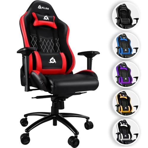 KLIM Esports Gaming Stuhl – PC Sessel mit 4D-Armlehnen, 170 kg Belastbarkeit, Verstellbare Rückenlehne, Ergonomisch mit Kopf- & Lendenkissen, Leise Rollen – Rot von KLIM