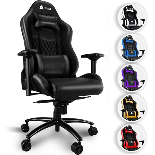 KLIM Esports Gaming Stuhl - NEU 2024 - Mit Lenden- und Nackenstütze - Verstellbar Gaming Sessel Ergonomisch PC Stuhl - 150 kg Belastbarkeit - Schwarz Gamer Chair Schwarz von KLIM