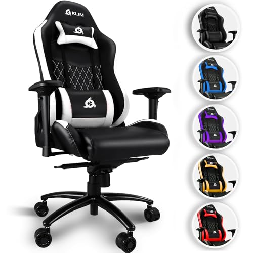 KLIM Esports Gaming Stuhl - NEU 2024 - Mit Lenden- und Nackenstütze - Verstellbar Gaming Sessel Ergonomisch PC Stuhl - Gaming Stuhl 150 kg Belastbarkeit - Gamer Stuhl - Gaming Chair - Weiß von KLIM