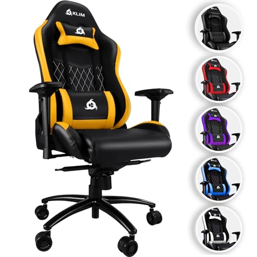 KLIM Esports Gaming Stuhl – PC Sessel mit 4D-Armlehnen, 170 kg Belastbarkeit, Verstellbare Rückenlehne, Ergonomisch mit Kopf- & Lendenkissen, Leise Rollen – Gelb von KLIM