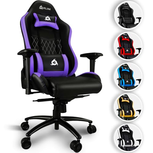 KLIM Esports Gaming Stuhl Lila - NEU - Mit Lenden- und Nackenstütze - Verstellbar Gaming Sessel Ergonomisch PC Stuhl - Kunstleder und Premium-Materialien - Gamer Stuhl - Gaming Chair - Violett von KLIM