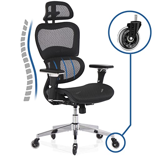 KLIM K800 Ergonomischer Bürostuhl - NEU 2024 - Ergonomischer Sitz mit dynamischer Lendenwirbelstütze, Bürostuhl Ergonomisch, 4D Armlehnen und verstellbare Kopfstütze - Kratzfeste Rollen von KLIM