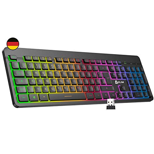 KLIM Light V2 Gaming Tastatur Kabellos QWERTZ + NEU 2023 + flach, ergonomisch, dezent, wasserresistent + Beleuchtete Gaming Tastatur für PC Mac PS4 PS5 + Integrierter Akku mit Langer Lebensdauer von KLIM