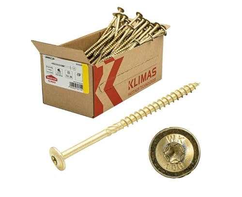 KLIMAS Holzschrauben Torx Tellerkopfschrauben 6,0 x 100 mm 100 Stück | Unterlegscheiben Schrauben Terrasenschrauben Universalschrauben Dachkonstruktion Set TX Gelb von KLIMAS