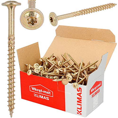 KLIMAS Holzschrauben Torx Tellerkopfschrauben 8,0 x 100 mm 50 Stück | Unterlegscheiben Schrauben Terrasenschrauben Universalschrauben Dachkonstruktion Set TX Gelb von KLIMAS