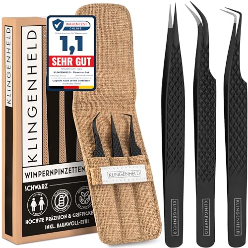 KLINGENHELD® Präzise Wimpern Pinzette Set - Extra feine Faser-Spitzen für maximalen Halt - Für mehr Volumen und perfekte Fächer - inkl. Baumwoll-Etui 100% plastikfrei - Pinzette Wimpernverlängerung von KLINGENHELD