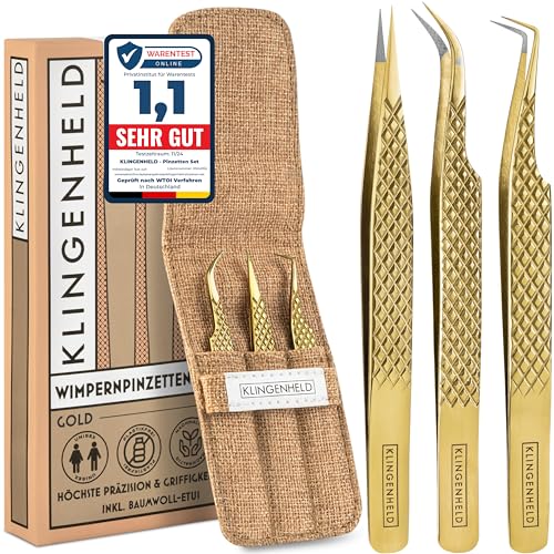 KLINGENHELD® Präzise Wimpern Pinzette Set - Extra feine Faser-Spitzen für maximalen Halt - Für mehr Volumen und perfekte Fächer - inkl. Baumwoll-Etui 100% plastikfrei - Pinzette Wimpernverlängerung von KLINGENHELD