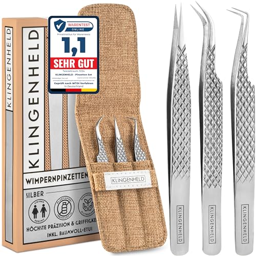 KLINGENHELD® Präzise Wimpern Pinzette Set - Extra feine Faser-Spitzen für maximalen Halt - Für mehr Volumen und perfekte Fächer - inkl. Baumwoll-Etui 100% plastikfrei - Pinzette Wimpernverlängerung von KLINGENHELD