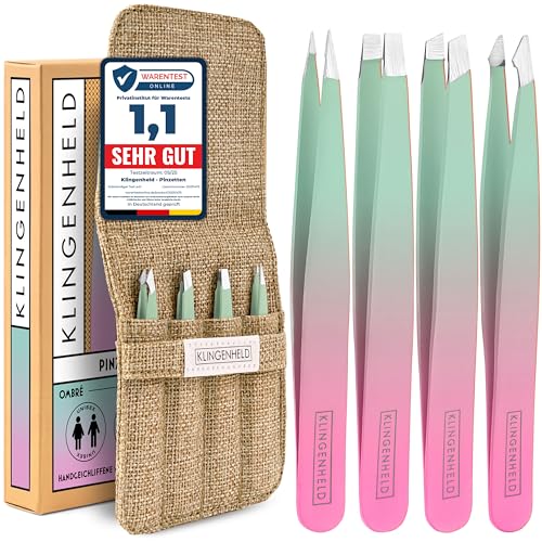 KLINGENHELD® Präzises Pinzetten-Set mit handgeschliffenen Spitzen - Perfekt für alle Anwendungsbereiche - inkl. Baumwoll-Etui 100% plastikfrei & nachhaltig - Pinzette Augenbrauen zupfen, 21 Farben von KLINGENHELD