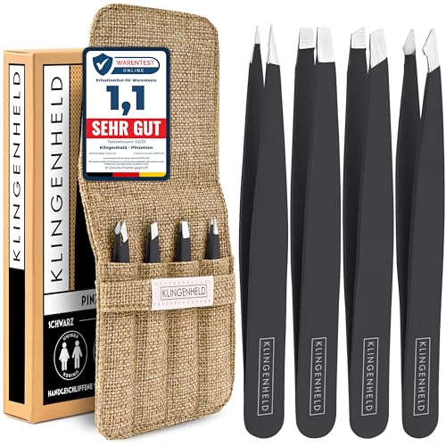 KLINGENHELD® Präzises Pinzetten-Set mit handgeschliffenen Spitzen - Perfekt für alle Anwendungsbereiche - inkl. Baumwoll-Etui 100% plastikfrei & nachhaltig - Pinzette Augenbrauen zupfen, 21 Farben von KLINGENHELD