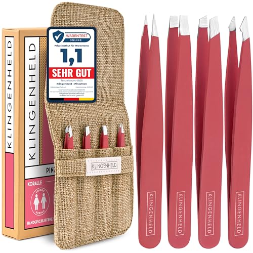 KLINGENHELD® Präzises Pinzetten-Set mit handgeschliffenen Spitzen - Perfekt für alle Anwendungsbereiche - inkl. Baumwoll-Etui 100% plastikfrei & nachhaltig - Pinzette Augenbrauen zupfen, 21 Farben von KLINGENHELD