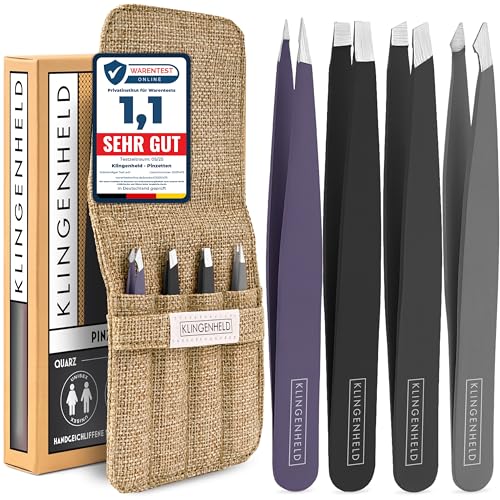 KLINGENHELD® Präzises Pinzetten-Set mit handgeschliffenen Spitzen - Perfekt für alle Anwendungsbereiche - inkl. Baumwoll-Etui 100% plastikfrei & nachhaltig - Pinzette Augenbrauen zupfen, 21 Farben von KLINGENHELD