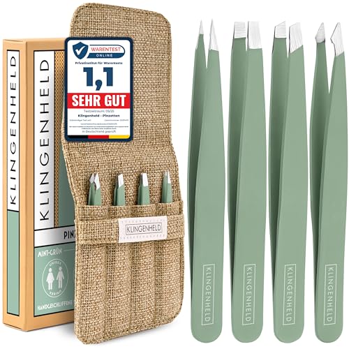 KLINGENHELD® Präzises Pinzetten-Set mit handgeschliffenen Spitzen - Perfekt für alle Anwendungsbereiche - inkl. Baumwoll-Etui 100% plastikfrei & nachhaltig - Pinzette Augenbrauen zupfen, 21 Farben von KLINGENHELD