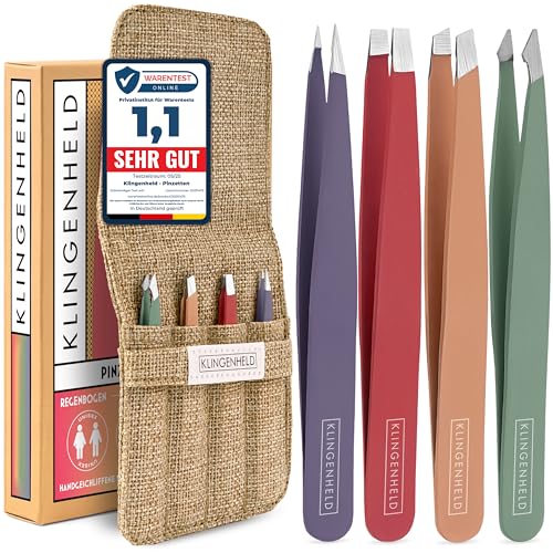 KLINGENHELD® Präzises Pinzetten-Set mit handgeschliffenen Spitzen - Perfekt für alle Anwendungsbereiche - inkl. Baumwoll-Etui 100% plastikfrei & nachhaltig - Pinzette Augenbrauen zupfen, 21 Farben von KLINGENHELD