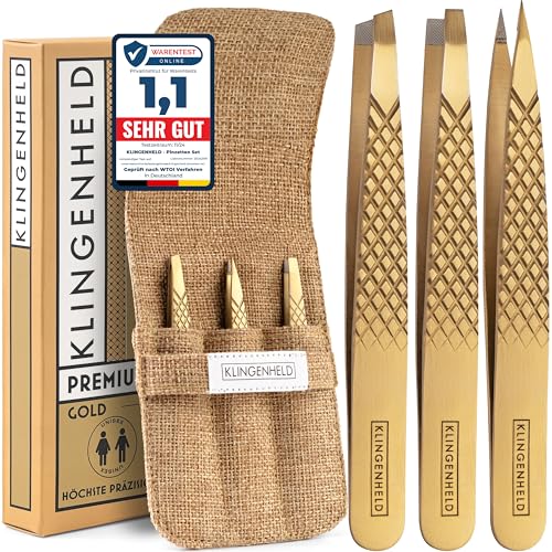 KLINGENHELD® Profi Pinzetten-Set mit ComfortGrip-Spitzen & Anti-Rutsch Griff - Maximaler Halt & höchste Präzision - inkl. Baumwoll-Etui 100% plastikfrei & nachhaltig - Pinzette Augenbrauen zupfen von KLINGENHELD