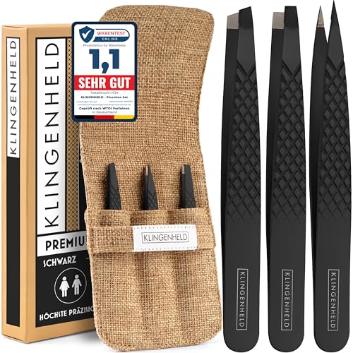 KLINGENHELD® Profi Pinzetten-Set mit ComfortGrip-Spitzen & Anti-Rutsch Griff - Maximaler Halt & höchste Präzision - inkl. Baumwoll-Etui 100% plastikfrei & nachhaltig - Pinzette Augenbrauen zupfen von KLINGENHELD