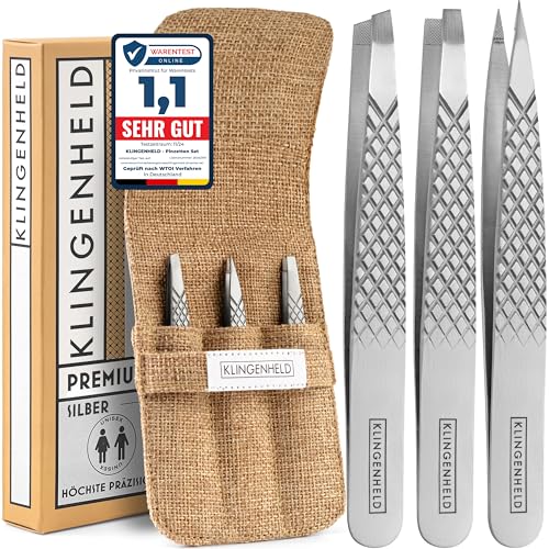 KLINGENHELD® Profi Pinzetten-Set mit ComfortGrip-Spitzen & Anti-Rutsch Griff - Maximaler Halt & höchste Präzision - inkl. Baumwoll-Etui 100% plastikfrei & nachhaltig - Pinzette Augenbrauen zupfen von KLINGENHELD