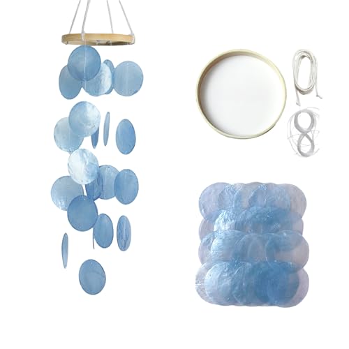 KLINNA Draußen Meeresglas Muschel Windspiel | Garten Deko Hängend im Boho Stil | DIY Handgefertigter Traumfänger für Terrasse und Balkon | Muschel Windspiele für Fenster (Blau) von KLINNA