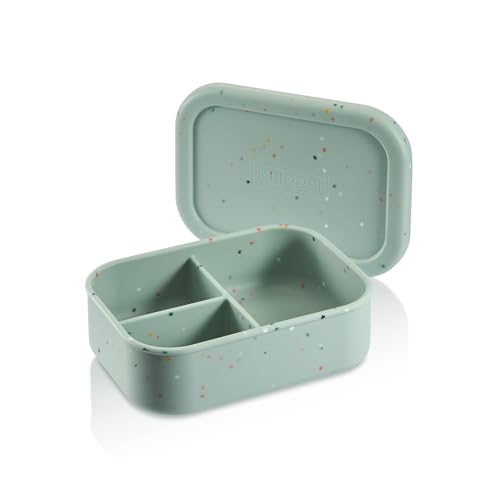 KLIPPSI® Lunchbox Brotdose Vorratsdosen aus Platin Silikon reißfest, hitze-kältebeständig, auslaufsicher, spülmaschinengeeignet (Grün-Konfetti, 3-Fächer) von KLIPPSI