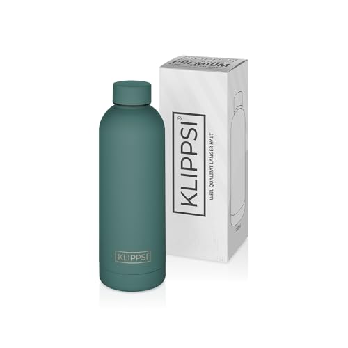 KLIPPSI® Trinkflasche Edelstahl 500ml, isolierte Thermoflasche, 12h warm 24h kalt, auslaufsicher, langlebig, BPA frei und wiederverwendbar, ideal für Sport, Schule, Reisen und Outdoor(Dunkelgrün) von KLIPPSI