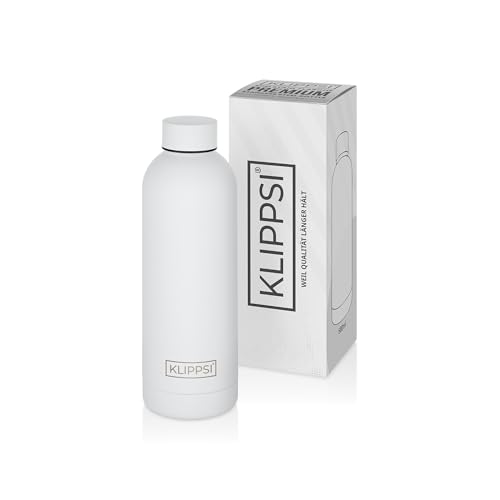 KLIPPSI® Trinkflasche Edelstahl 500ml, isolierte Thermoflasche, 12h warm 24h kalt, auslaufsicher, langlebig, BPA frei und wiederverwendbar, ideal für Sport, Schule, Reisen und Outdoor(Weiß) von KLIPPSI