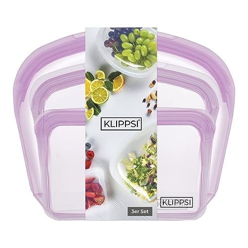 KLIPPSI® 3er Set Wiederverwendbare Silikonbeutel Gefrierbeutel Aufbewahrungsbeutel reißfest, hitze-kältebeständig, auslaufsicher, spülmaschinengeeignet (Lila) von KLIPPSI