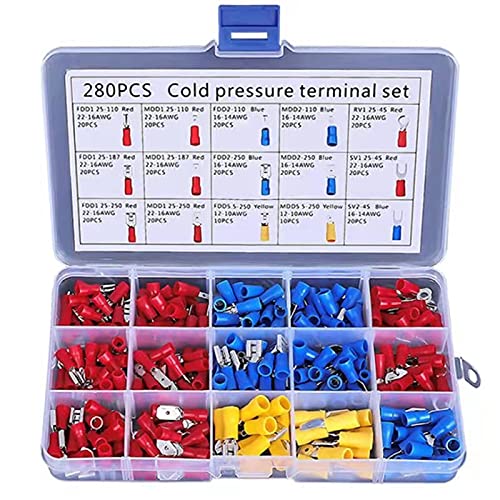 280 Stück Isolierte Gabelklemmen Rot Gelb und Blau U-Typ Drahtverbinder Elektrische Crimpklemme AWG 22-16 16-14 12-10 Steckverbinder-Sortiment-Kit von KLJ