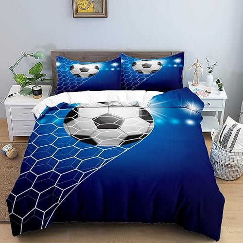 KLJFIGUT Bettwäsche 135x200 Blauer Fußball 3 Teilig Bettbezug mit Reißverschluss, Weiche Mikrofaser Bettwäsche-Sets für Kinder - 1 Bettbezüge und 2 Kissenbezug 80x80cm von KLJFIGUT