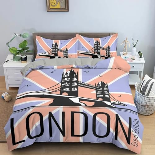 KLJFIGUT Bettwäsche 135x200 London 3 Teilig Bettbezug mit Reißverschluss, Weiche Mikrofaser Bettwäsche-Sets für Kinder - 1 Bettbezüge und 2 Kissenbezug 80x80cm von KLJFIGUT