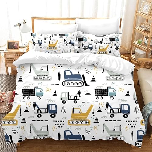KLJFIGUT Bettwäsche 155x220 Bagger Weiche Mikrofaser Bettbezug mit Reißverschluss, Bettwäsche-Sets für Kinder - 1 Bettbezüge und 2 Kissenbezüge 80x80 cm von KLJFIGUT