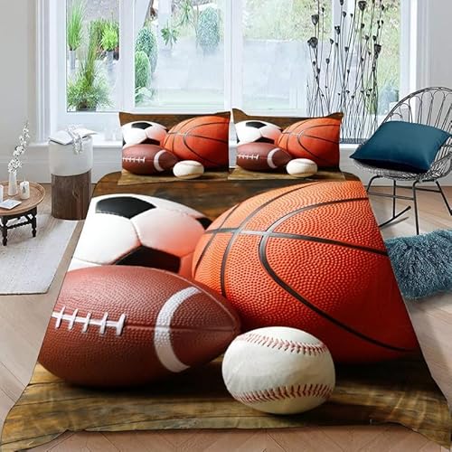 KLJFIGUT Bettwäsche 200x200 Basketball 3 Teilig Mikrofaser Bettbezug für Kinder Jugendliche - Wendemotiv Bettbezüge mit Reißverschluss + 2 Kissenbezug 80x80 cm von KLJFIGUT
