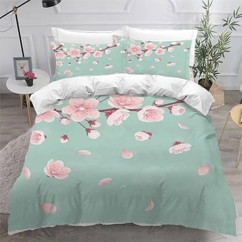 KLJFIGUT Bettwäsche 200x200 Kirschblüten 3 Teilig Mikrofaser Bettbezug für Kinder Jugendliche - Wendemotiv Bettbezüge mit Reißverschluss + 2 Kissenbezug 80x80 cm von KLJFIGUT